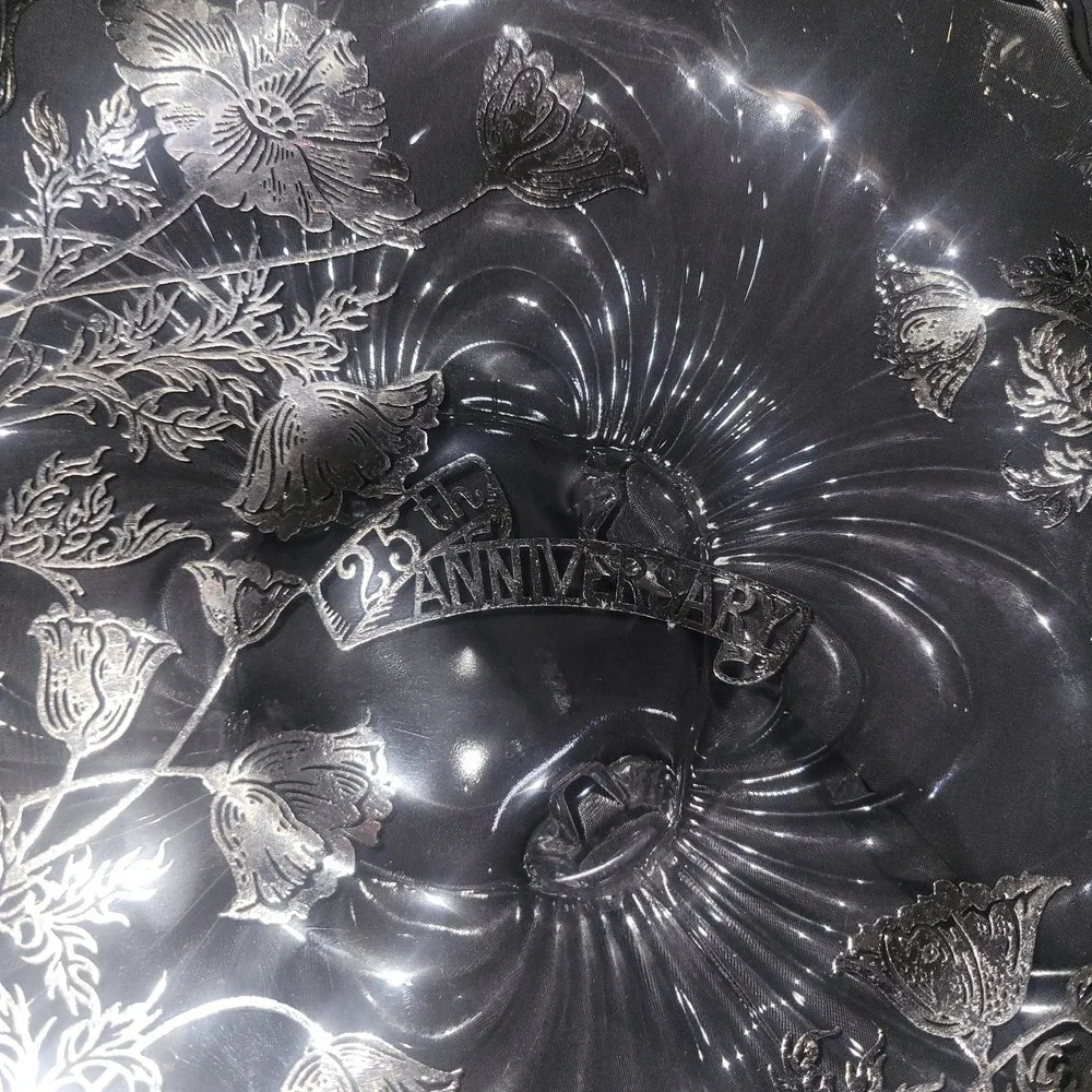 Sterling Silver Overlay 4 Footed Scalloped Edge Round Bowl 25th Anniversary
